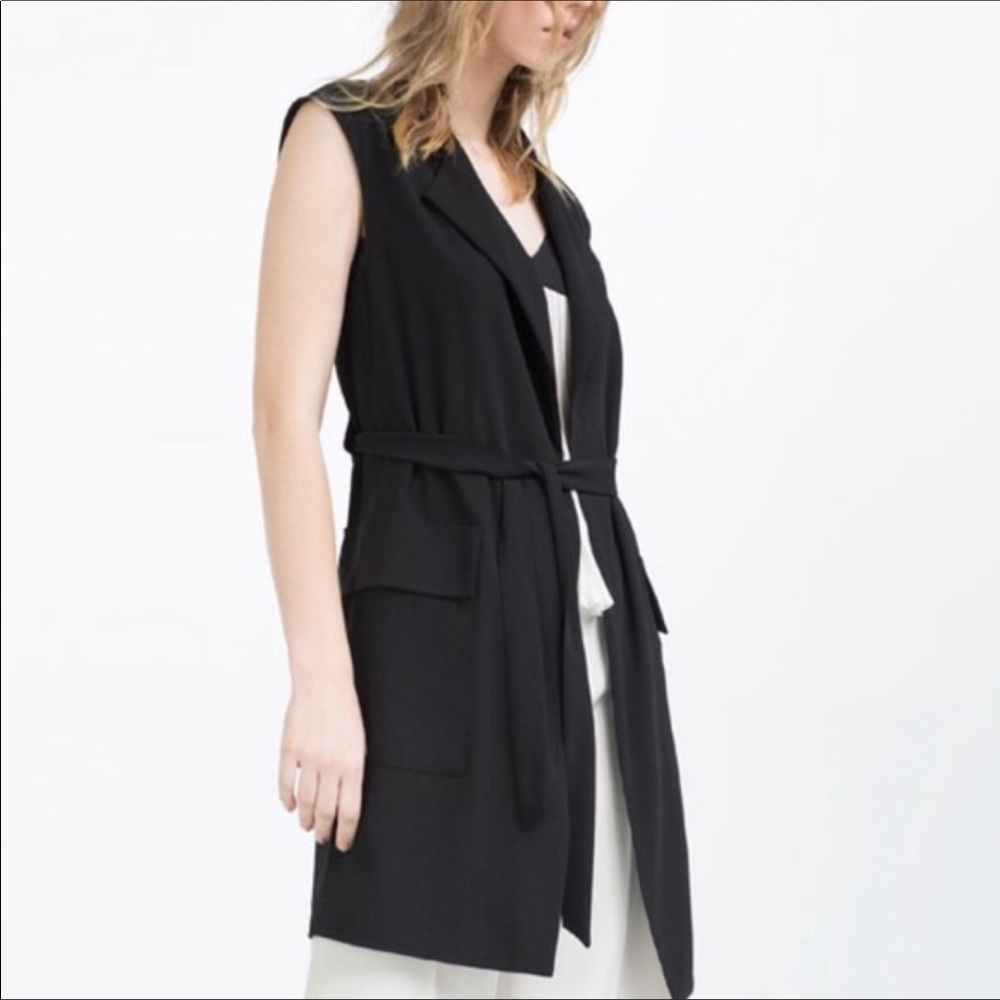 NWT ZARA BLACK LONG WAISTCOAT WITH BELT 2753/025